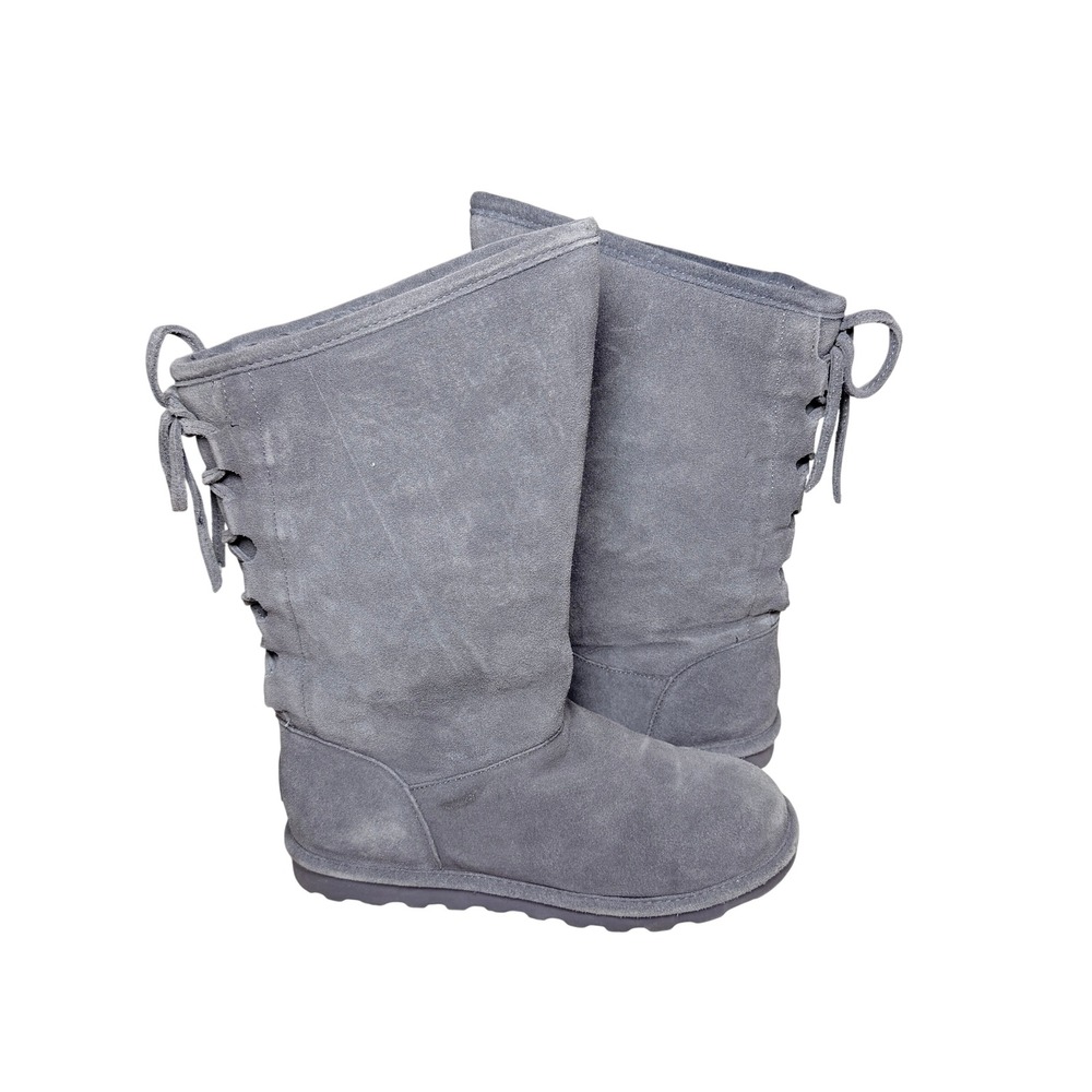 Bearpaw Phylly Women Size 11 Gray Suede Lace Back Mid Calf Winter Boots 1955W